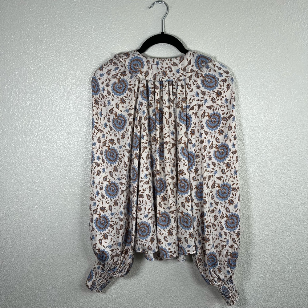 By Anthropologie Button-Front Peasant Blouse Cream Brown and Blue Small - Picture 8 of 8